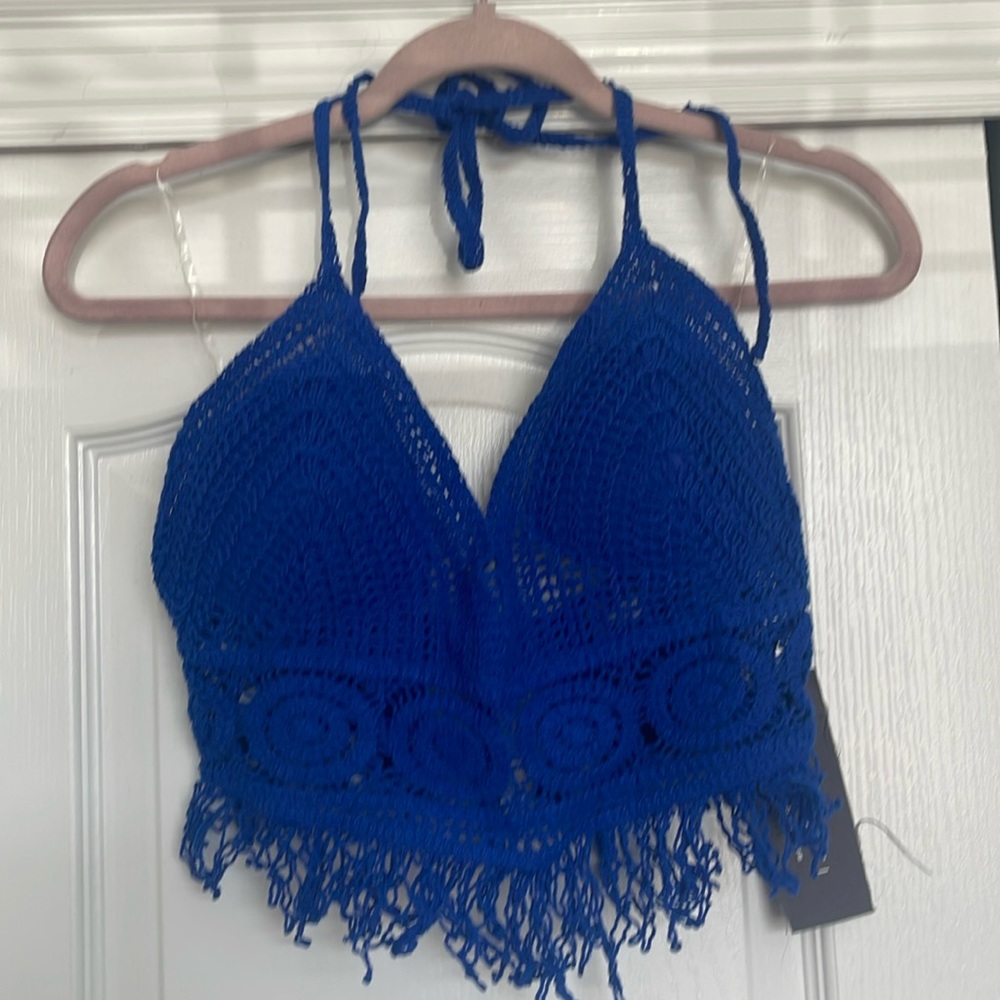 Sans Souci Crochet Crop Top Blue Women's Size Large